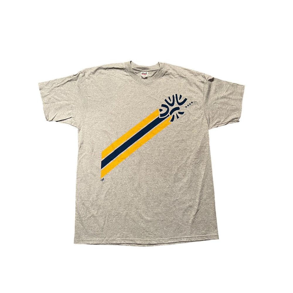 Anvil Men's XL Miller Beer Gray Graphic T-Shirt Yellow & Navy Stripes Pre-Shrunk - Picture 8 of 8